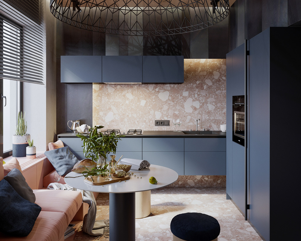 Diseño de gabinete de cocina azul
