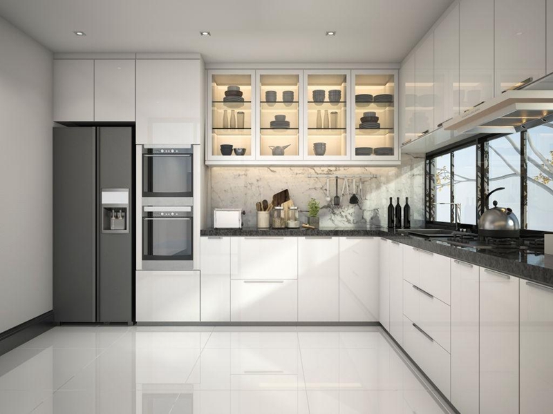 Gabinetes de cocina de madera sólida del panel de puerta de acrílico blanco brillante minimalista del nuevo diseño de YALIG