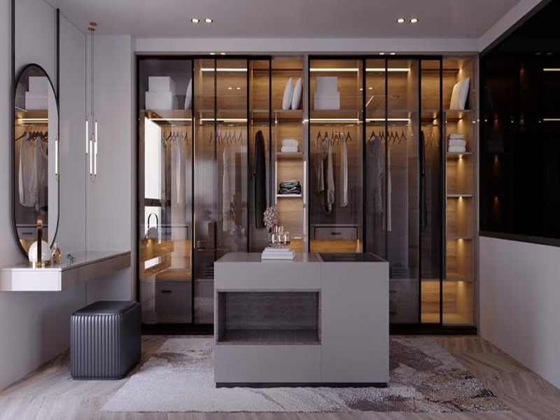 Vestidor minimalista moderno de madera maciza con panel de puerta de vidrio