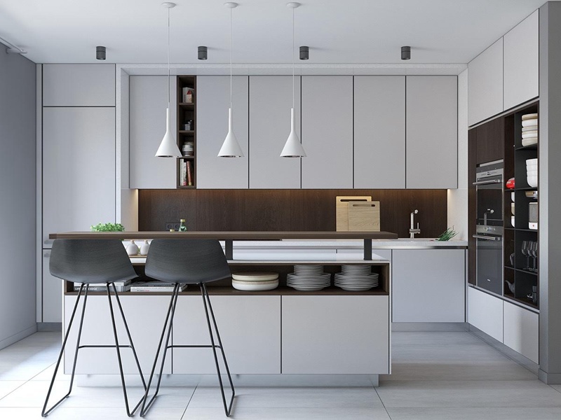 Gabinetes de cocina de madera maciza lacados en blanco mate, minimalistas y altos, con bonitos diseños de líneas