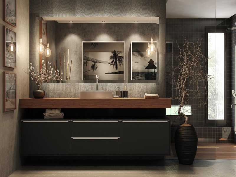 Mueble de baño de lujo de madera maciza lacada en negro de alta gama