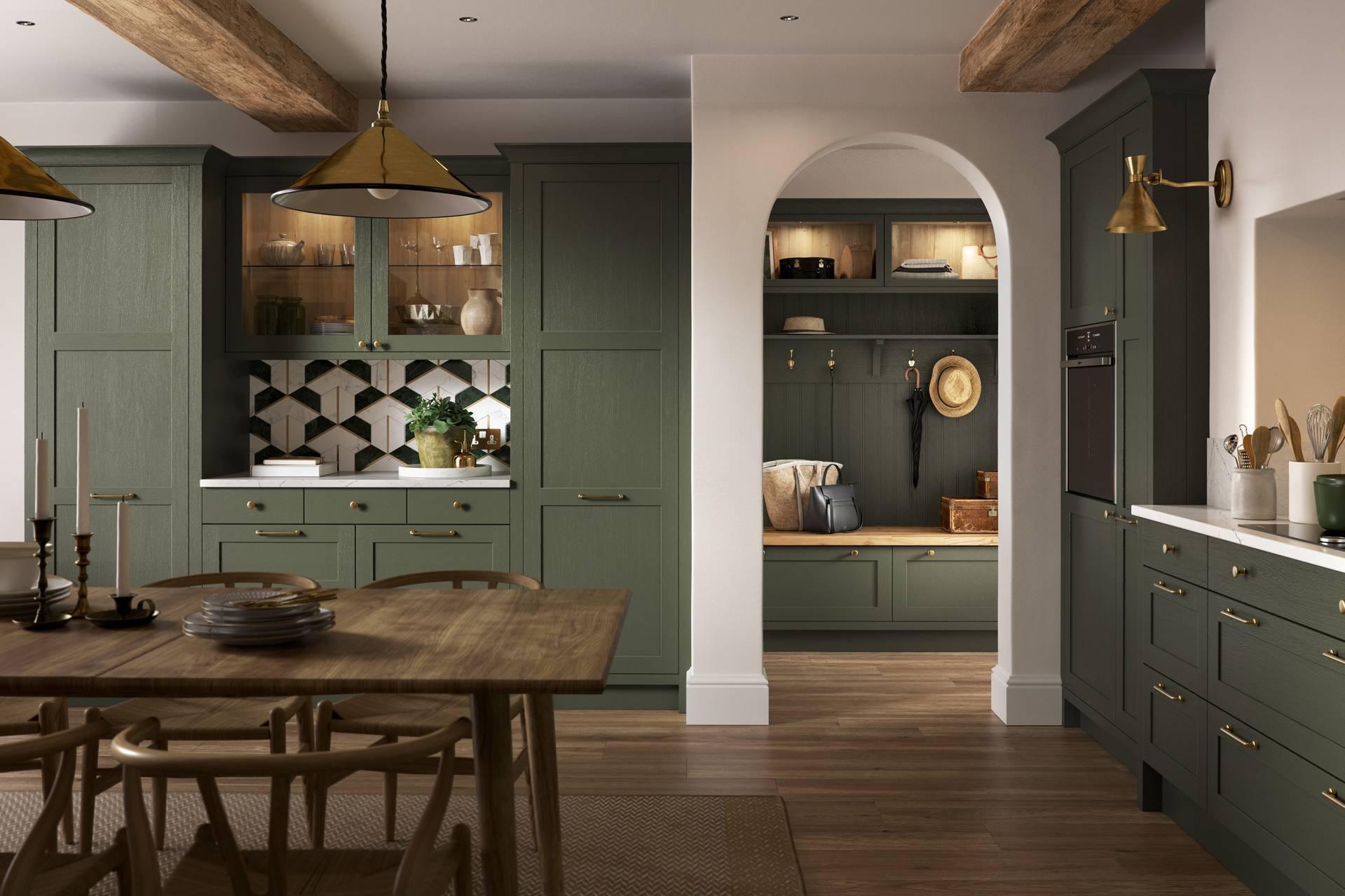 Gabinetes de cocina de madera maciza lacados en verde oscuro de alta calidad con tiradores dorados