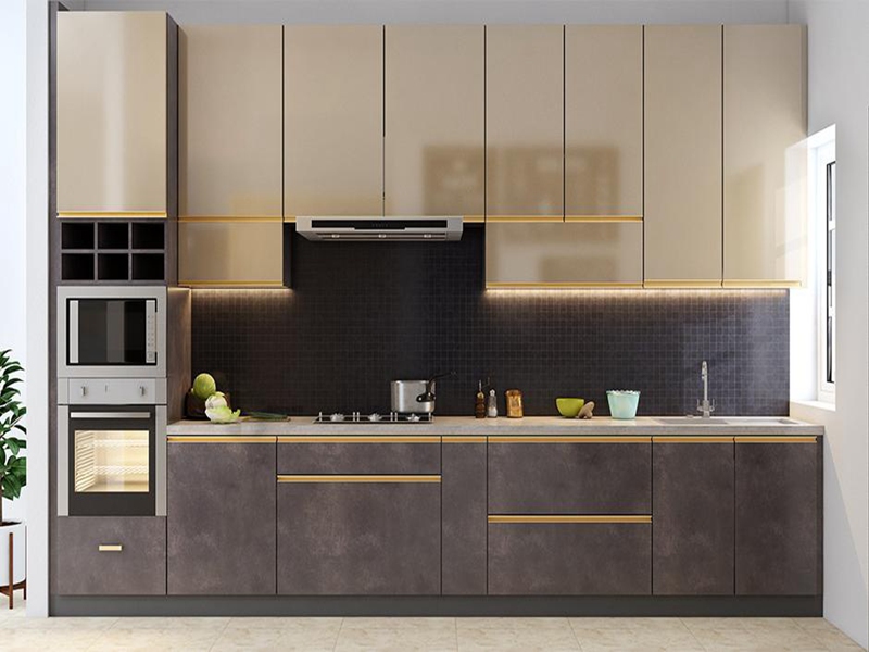 Gabinetes de cocina de madera maciza oscura brillante con diseño pop con elegantes diseños de iluminación