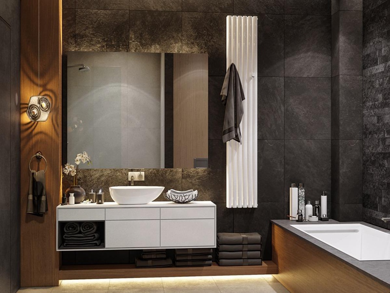 Moderno hotel de alta gama, tocador de baño de madera maciza con bonitos diseños de lavabo sobre encimera