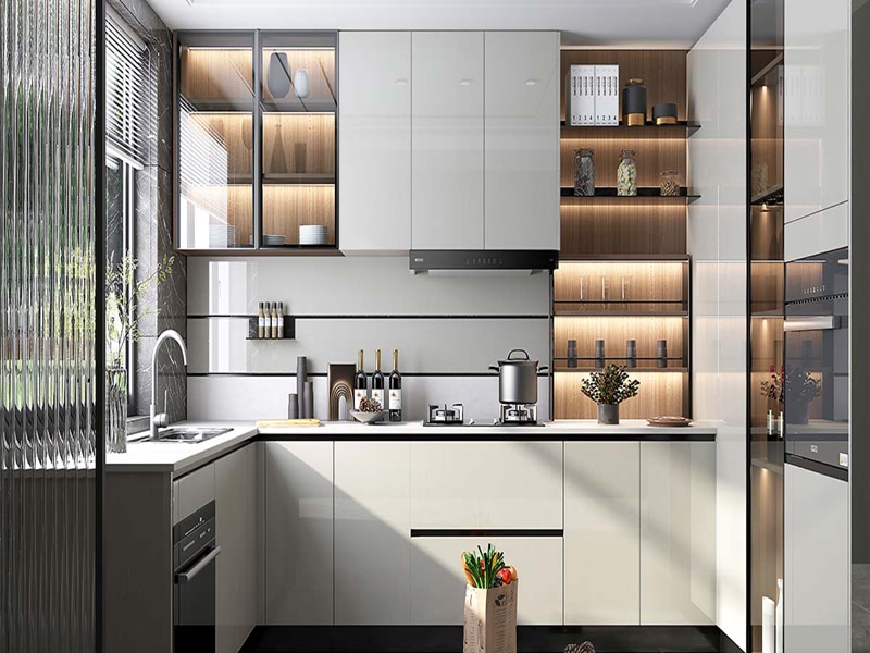 Gabinetes de cocina de madera maciza lacados en blanco brillante, modernos, de alta calidad, con tiradores negros