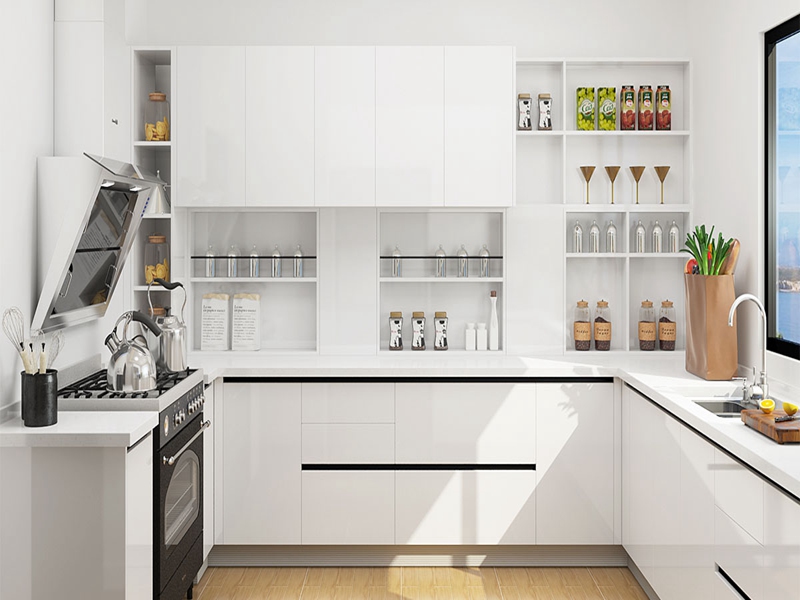 Gabinetes de cocina de madera maciza lacados en blanco brillante, modernos, de alta calidad, con tiradores negros
