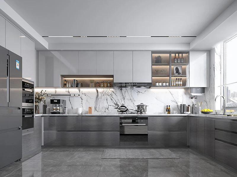 Gabinetes de cocina de madera maciza con tapa de acrílico brillante gris claro minimalista con tapa de vidrio