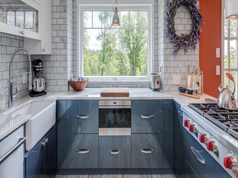 Gabinetes de cocina azules elegantes del lustre Gabinetes de madera sólida del final de acrílico