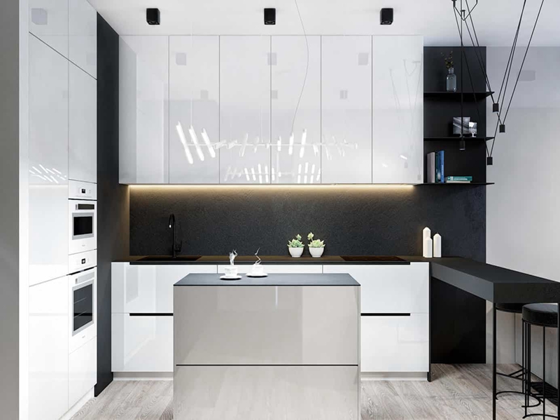 Gabinetes de cocina de madera maciza con acabado acrílico brillante blanco minimalista moderno