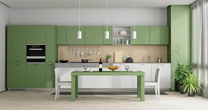 Gabinetes de cocina minimalistas de pantalla plana con acabado lacado en verde y encimera de madera maciza