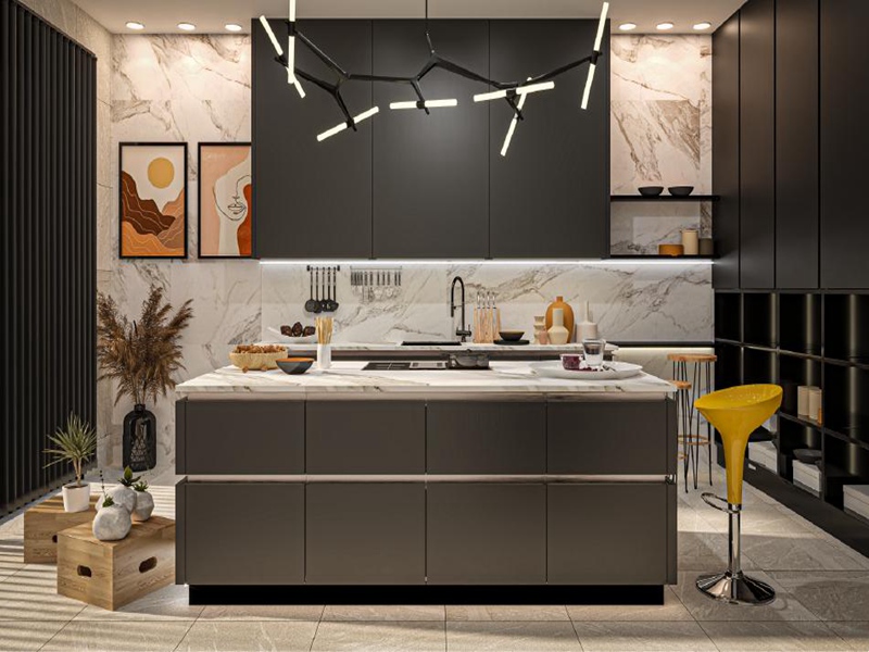Elegantes gabinetes de cocina de panel plano con acabado negro y cuarcita estampada