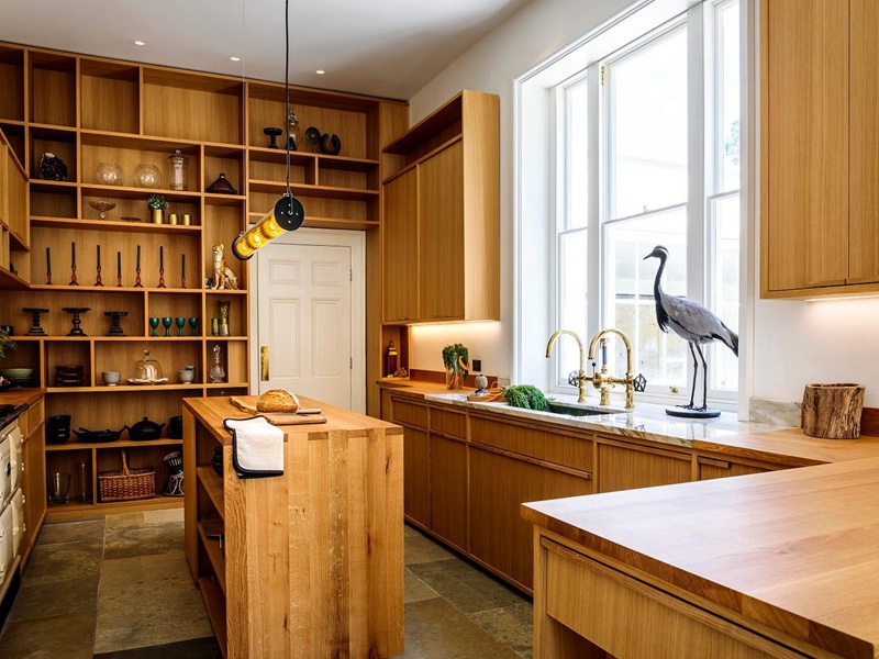 Gabinetes de cocina con paneles de madera maciza de estilo moderno con estantes abiertos