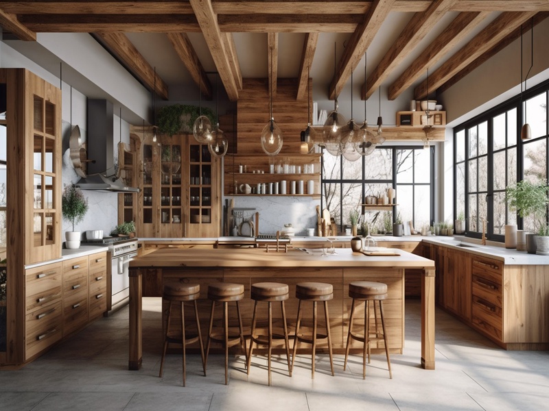 Gabinetes de cocina con acabado lacado de estilo rústico con patrón de veta de madera
