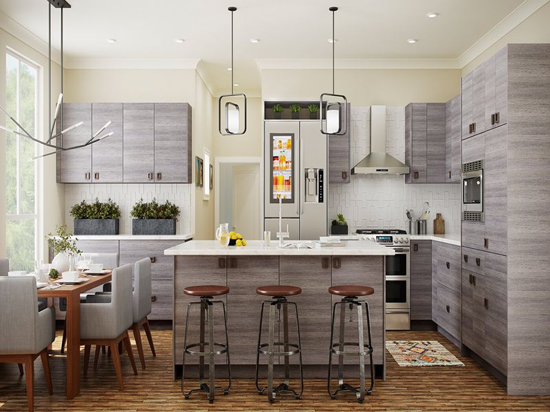 Gabinetes de cocina minimalistas de madera maciza de color gris con diseño de isla de cocina