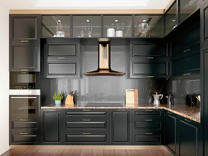 Gabinete de cocina de madera maciza lacado en negro mate estilo shaker clásico con puertas con marco de aluminio negro