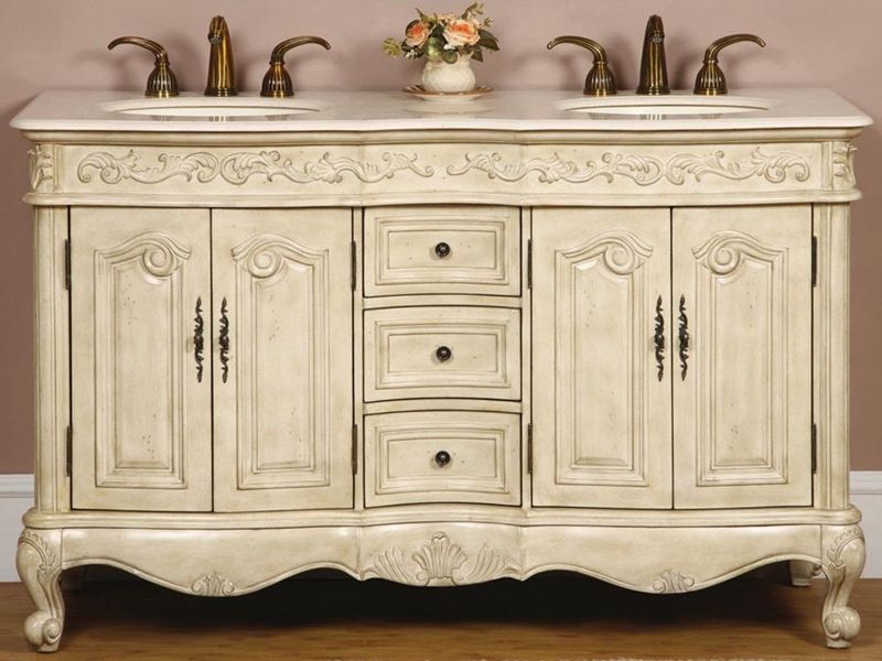 Gabinete de baño de madera maciza intrincadamente tallada de estilo francés de lujo ligero con acabado envejecido