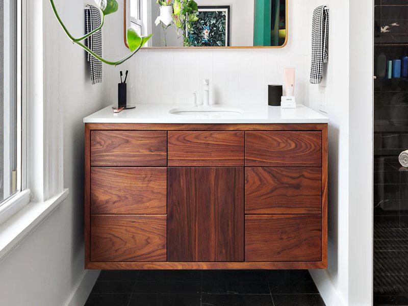 Mueble de baño de madera maciza de nogal de estilo moderno con espacio de almacenamiento