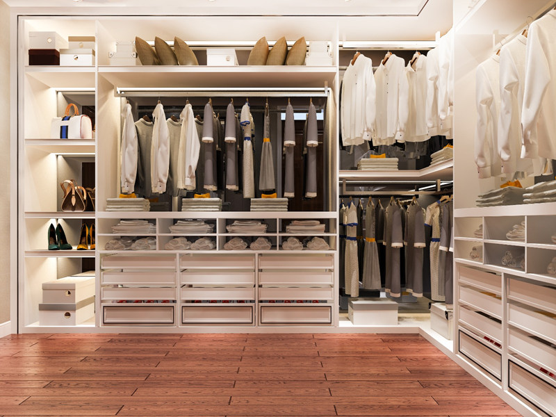 Vestidor blanco minimalista moderno con diseño de almacenamiento múltiple