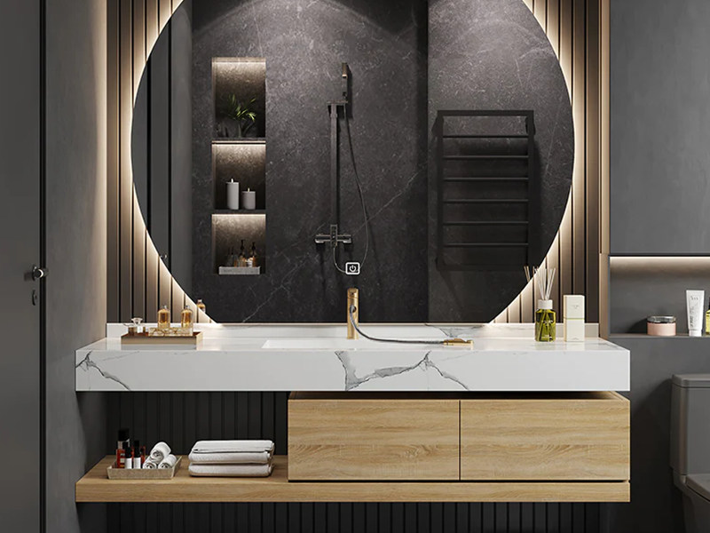 Mueble de baño minimalista de madera maciza sin tiradores con diseño de encimera