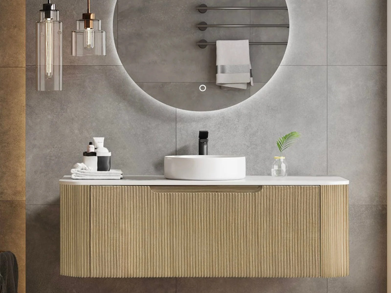 Mueble de baño de madera maciza de estilo moderno con ondas en color madera original