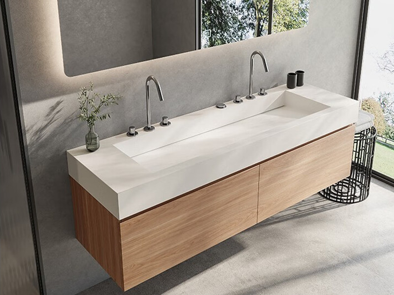 Mueble de baño de madera maciza con acabado veteado de melamina de estilo moderno y diseño de lavabo integrado