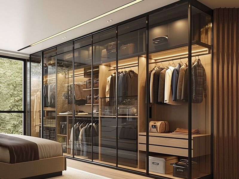Armarios modulares de lujo de alta gama de madera con puerta de vidrio de acero inoxidable y muebles de dormitorio con luz LED