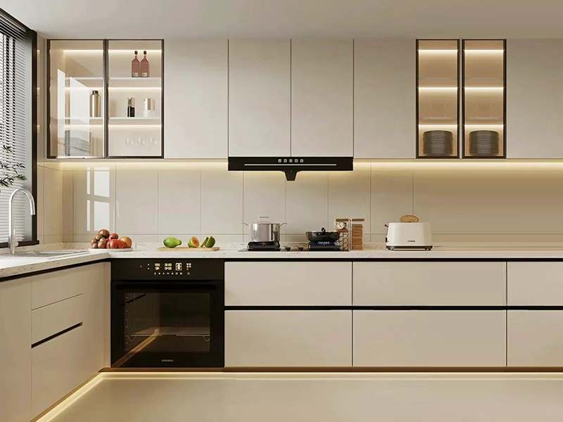 Armarios de cocina modernos en forma de L, diseño simple, lacados en madera mate con tira de luz LED, a precio de fábrica.